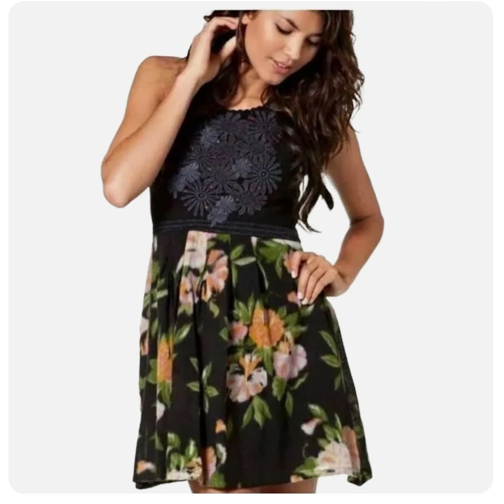 Free People Wool Dreamy Floral Patchwork Dress in Black Applique Beaded Bodice S